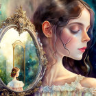 Fantastical image: Woman with glowing butterfly in ornate mirror surrounded by flowers.