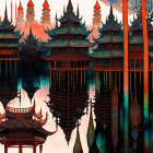 Colorful Asian cityscape with pagoda-like structures reflected in water under gradient sky