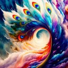 Colorful swirling peacock feather with blue hues and eyespots in vibrant artwork.