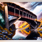 Bridge over river with lightning storm - vibrant orange and blue tones