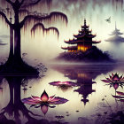 Traditional Asian pagodas in misty waters with lotus flowers and silhouetted trees.