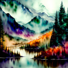 Vibrant digital artwork: mountain landscape with mist, evergreen trees, serene lake