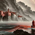 Robed Figure Observing Red-Tinted Landscape with Lightning