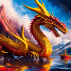 Colorful dragon in dramatic sky with mountains and ancient ship.