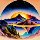 Colorful surreal landscape with floating islands and mountains in circular frame on orange backdrop