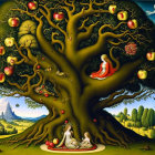 Detailed painting of tree, golden apples, women, castle, hills, birds under blue sky