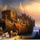 Painting of Noah's Ark post-flood with animals and people under dramatic sky.