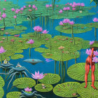 Colorful Frog-human Hybrid Painting with Frogs and Water Lilies