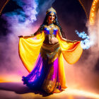 Woman in ornate belly dance attire in mystical Arabian setting with vibrant skirts and dynamic lighting.