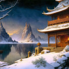 Traditional Asian architecture by calm winter lake with snow-covered ground