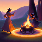 Witches performing ritual with cauldron in twilight forest.