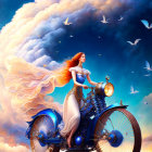 Red-haired woman in Victorian dress on intricate wheel structure in surreal sky.