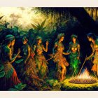 Colorful tribal dance scene in jungle with peacock observation