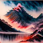 Mountain landscape painting with fiery red accents, reflective lake, and swirling sky