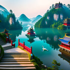 Traditional Chinese architecture reflected in calm lake with misty mountains, swan, and birds.