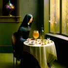 Nun in habit at table with fruit and beverage by sunny window