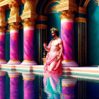 Digital artwork of serene man on throne in opulent hall with pink marble columns.