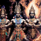 Three performers in elaborate Hindu deity costumes against fiery backdrop