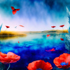 Vivid landscape with red poppies, blue lake, and dramatic sky