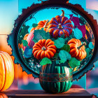 Autumn-themed circular frame with pumpkins on gradient background