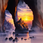 Tranquil cave opening to layered mountains at sunset