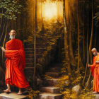 Mystical forest scene with two figures in orange robes