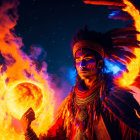 Person in tribal attire with lit torch against starry background