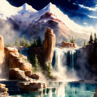 Scenic waterfalls, lake, pine trees, mountains, starry sky