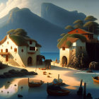 Traditional Seaside Village with Cliffs and Boats at Sunset