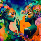 Vibrant stylized women with elaborate headdresses and colorful bubbles.