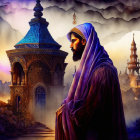 Bearded Figure in Purple Robe Contemplates Mystical Scene