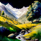 Scenic landscape painting of lush valley with river & snow-capped mountains