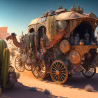 Steampunk-style camel caravan in desert landscape with cacti and exotic towers