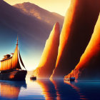 Tranquil sailboat scene with red cliffs, birds, and glowing sunset