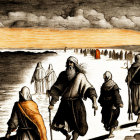 Illustration of Moses leading Israelites on water with boats and ancient settlement