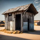 Weathered wooden shack with peeling blue door on sandy terrain, surrounded by red outbuildings and