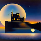 Surreal painting: Moon rising behind castle on cliff over calm waters