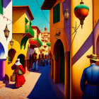 Colorful village street scene with figure in foreground