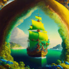 Colorful painting of green-sailed ship on calm waters with surreal yellow-green clouds against blue sky