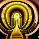 Golden arched tunnels and central stairway in 3D digital art