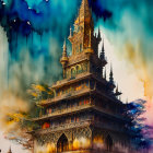 Elaborate multi-tiered structure with dripping paint effect in blue, green, and yellow.