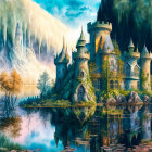 Fantasy castle with spires, water, foliage, and waterfalls