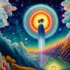 Psychedelic illustration of robed figure and celestial portal