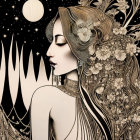 Detailed illustration of woman with intricate hair & night sky with crescent moon & stars.