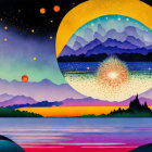 Vibrant sunset illustration: lake, mountains, moon, stars, firework reflected.