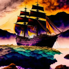 Vibrant sailing ship painting with colorful sky