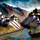 Asian-style pagodas, reflective lake, traditional boat, mountains, red sun in stylized artwork