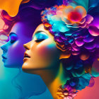 Colorful digital artwork featuring two women's profiles with floral hair adornments