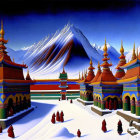 Vibrant Tibetan Temples with Snowy Mountain Background