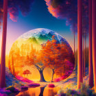 Vibrant trees, circular portal, sunset mountains in dreamlike forest